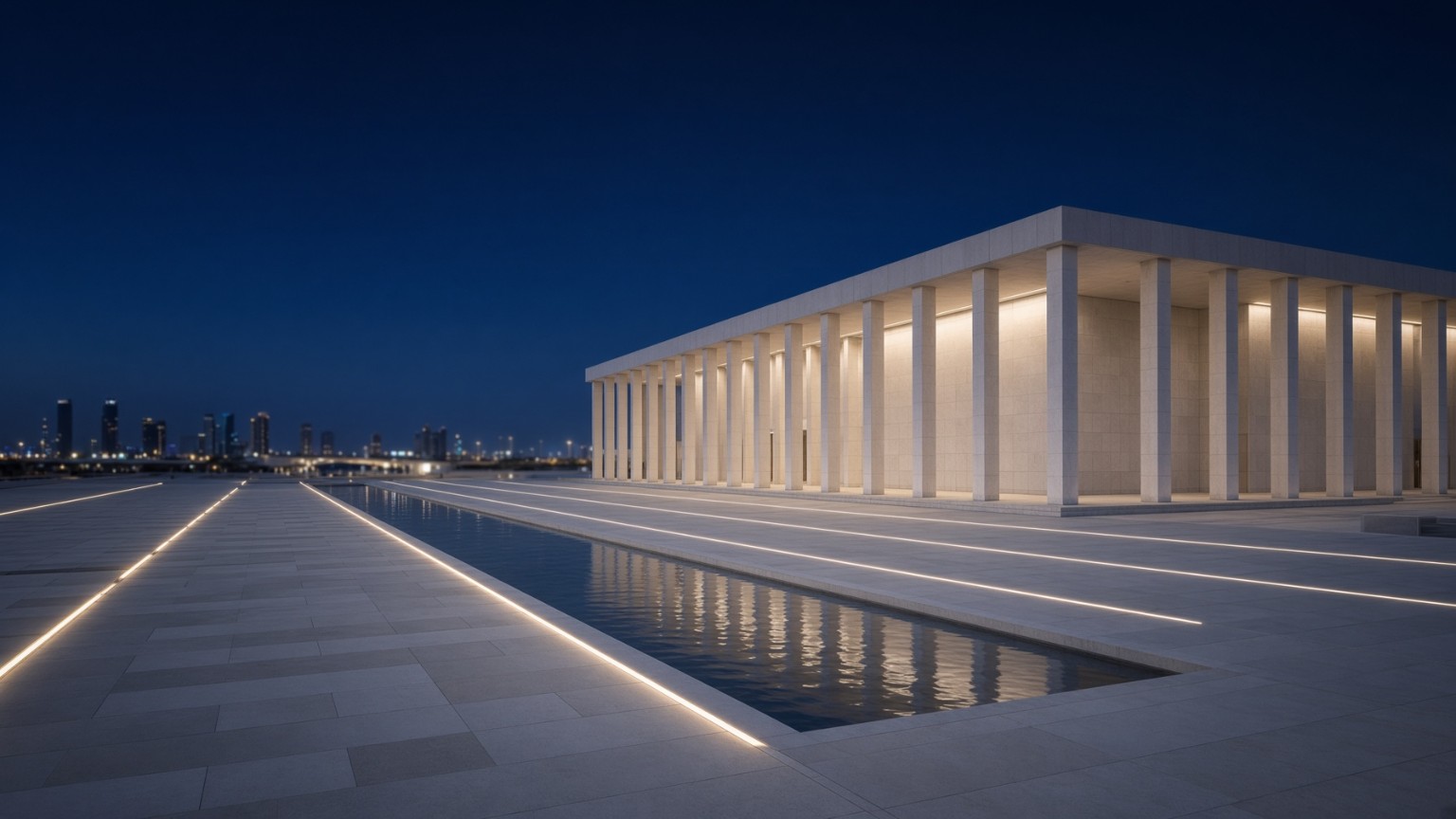 Enduring contemporary architecture framed by a reflective pool at night